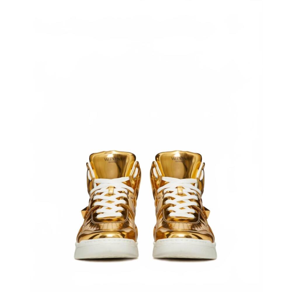 NEW VALENTINO men's stud mirror effect synthetic fiber mid-top sneakers in gold - Picture 4 of 6